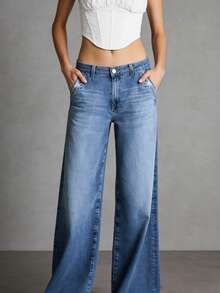 Women's Slim Fit Wide Leg Jeans (Light Wash - High Waist Loose Straight Leg), Women's Spring Denim Pants, Suitable For Daily Wear, Suitable For Family, Leisure And Outdoor Activities, Suitable For Slimming Cuts From Teenagers To Adults, Simple And Minimalist Design, Comfortable Full-Length Jeans - 藍色*旗艦款 - 查看 3