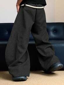 Pantalones casuales sueltos de pierna ancha con cordón grueso de color gris para hombres - Negro - Ver 3