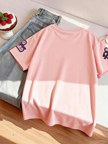 Girls' Cute Rabbit Pattern Middle Eastern Style Round Neck Short Sleeve Pullover Top, Spring/Summer New Arrival - Pink - View 3
