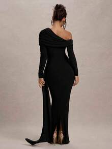 女士纯色不对称荷叶边系带设计优雅收腰鸡尾酒会礼服