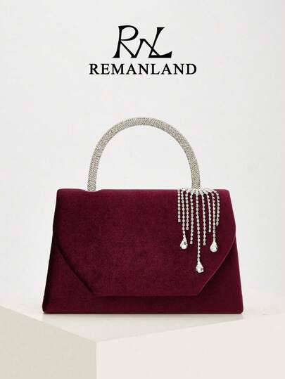 REMANLAND Soft Burgundy Velvet Handbag With Rhinestone Tassels And Full-Rhinestone Handle - A Luxurious Evening Accessory Featuring Plush Velvet Texture And Sparkling Tassel Details. Perfect For Weddings, Formal Dinners, Elevating Glamorous Ensembles. It Is The Best Gift For Women