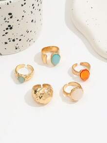 Juego de 5 anillos de estilo vintage europeo y americano de lujo con adornos de strass, set de anillos anchos de metal asimétricos, joyería para mujer - Amarillo Oro - Ver 3