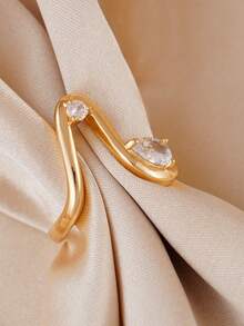 1pc Minimalist Asymmetrical Zirconia Inlaid Water Drop Shaped Ring, Fashionable Jewelry Accessory Suitable For Women's Daily, Dating, And Work Wear - Yellow Gold - View 2