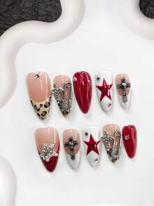 Bộ 10 móng tay gel phong cách Y2K Millennium, móng giả acrylic, hình thánh giá đính đá, ngôi sao năm cánh bạc sáng bóng, kẹp giấy, hình đầu lâu cổ điển tối màu, ngôi sao năm cánh đỏ vẽ tay chấm đen, giọt nước màu trơn, họa tiết da báo, dụng cụ làm móng, móng giả thủ công. - Nhiều màu - Xem 12