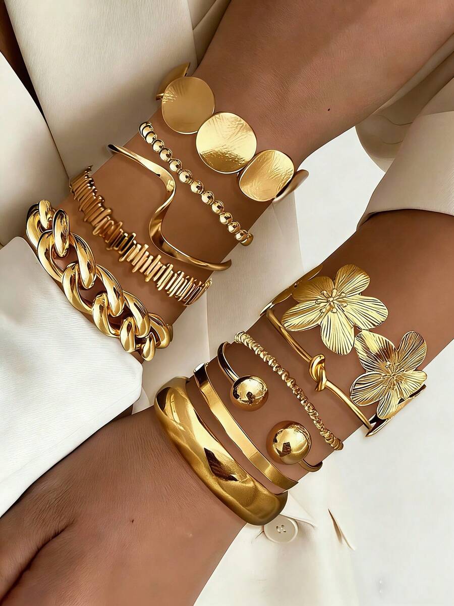 5/1pc Vintage Elegant Bohemian Style Delicate Floral Plain Twisted Geometric Open Bangle Bracelet Set, Suitable For Women's Daily, Party, Holiday, Beach Wear, Accessory, Perfect Gift - Gold 24 - View 1