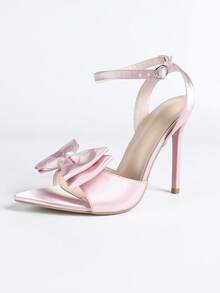 夏季新款细跟复古缎面蝴蝶结绑带高跟凉鞋，正式派对礼服鞋 - 粉色 - 查看 7