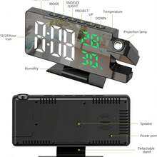 1pc Digital Projection Alarm Clock With Temperature & Humidity Display, Large LED Screen, USB Powered Wall Projection Clock, Plastic Rectangular Design, Flat Top, Working Voltage ≤36V, Rotatable Projection - Black - View 9