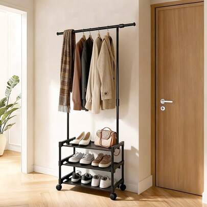 Coat Rack With Storage Shelf, Black Metal Clothes Rack, Freestanding Garment Rack Trolley Rolling Cart On Wheels, For Entryway, Bedroom, Office, Coats, Hats, Jackets, Bags
