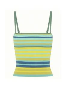 Women's Two-Piece Skirt Set, New For Summer, Featuring A Striped Sleeveless Camisole Top And A Slim-Fitting Long Skirt, Perfect For Y2K-Style Vacation And Casual Outings. - 黃色 - 查看 4