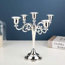 Five-Branched Candlestick, Sturdy Cast Iron Candlestick, Handcrafted Vintage Candlestick, Gothic Candlestick, Column Candlestick For Christmas, Birthday, Wedding And Home Decoration (Silver). - Bạc - Xem 1