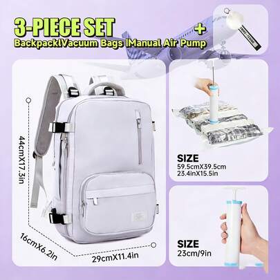 40x20x30厘米 Wizz Air Ryanair 客舱背包 - 14英寸笔记本电脑隔层，包含真空压缩袋和手动气泵套装、鞋袋、可折叠座椅、客舱收纳袋，适合短途旅行，男女通用简约设计，客舱包，轻便旅行装备，时尚旅行包，安全拉链封口