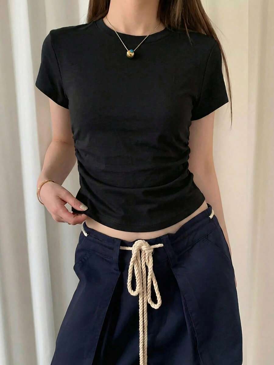 Women's T-Shirt With Ruched Waist, Short Sleeve Asymmetrical Hem Casual Blouse - Black - View 1