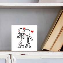 Cute Romantic White Rectangular Decorative Wooden Box With Simple Drawing Of Two Stick Figures (One Smiling Blushing With Playful Stance, One With Red Heart & Blush, Floating Red Hearts) For Loving Theme Display Or Gift - Simple Cute Style - 白色 - 查看 2