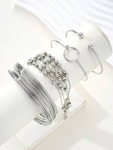 4pcs Minimalist Punk Style Metal Geometric Beaded Bracelet Set, Unisex Suitable For Sisters, Couples, Casual, Party, Wedding, Birthday Gift For Girlfriend, Mom - Silver - View 3