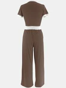 2 piezas Conjunto de top de manga corta de cuello redondo y pantalones de estilo casual y elegante de verano con contraste de color acanalado - Caqui - Ver 6