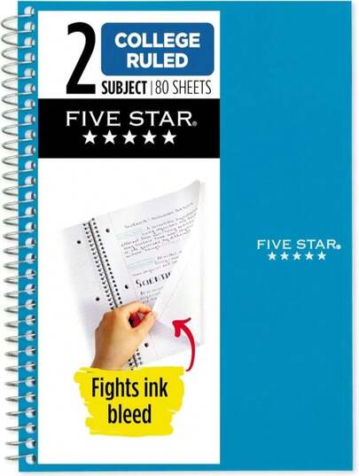 Five Star Spiral Notebook, 2 Subject, College Ruled Paper, 6" X 9-1\/2", 80 Sheets, Fights Ink Bleed, Water Resistant Cover, Tidewater Blue (840029CG1-ECM)