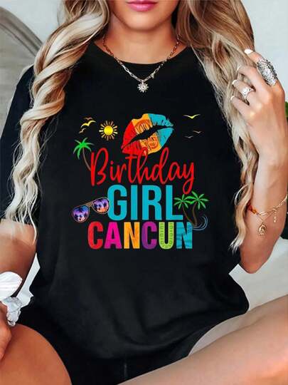 100% Cotton Cancun Mexico Birthday Girl Vacation Group Matching T-Shirt Short Sleeve Round Neck Casual Top For Summer & Spring, Women's Men's Graphic Tee