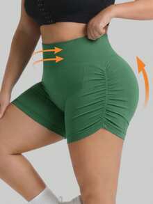 Plus Size Ruched Butt Lifting Sports Shorts, Seamless High Waist Tummy Control Fitness Workout Cycling Activewear - Army Green - View 5