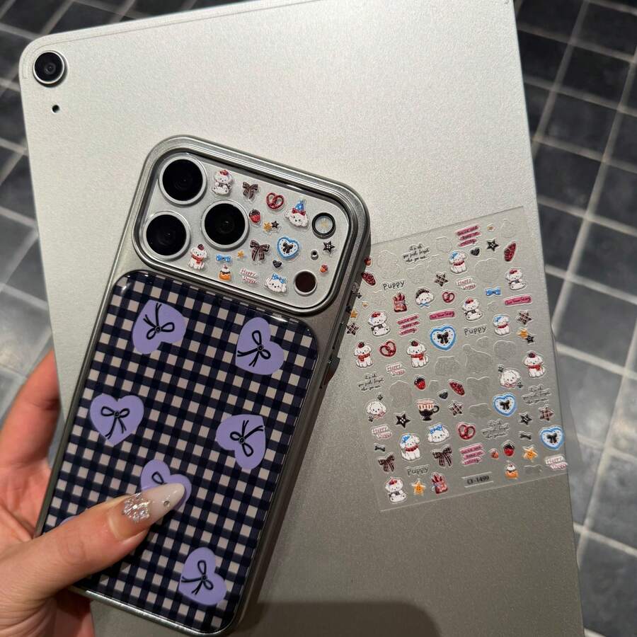 Cartoon Panda, Puppy, Bow Shaped Heart, Embossed Sticker+High-Definition Rear Camera Tempered Glass Film Compatible With Apple 17 Promax, Apple 17 Pro Phone Lens Film, Camera Lens Film, With Protective Layer, Minimalist Design - Lens Protector + Dog Head Apple - View 1