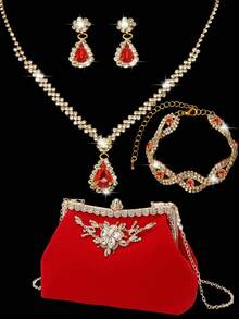 女士钻石首饰 闪耀奢华水钻首饰套装 闪亮项链耳环手链套装 雕花钻石软包 宴会手提包 女士手提包 宴会包 - 紅色 - 查看 2