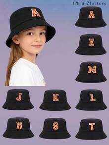 1顶儿童男女通用个性化26字母渔夫帽，时尚户外遮阳帽，适合春、夏、秋、冬日常佩戴，是生日、节日礼物和游戏活动的理想之选。 - 黑色 - 查看 1