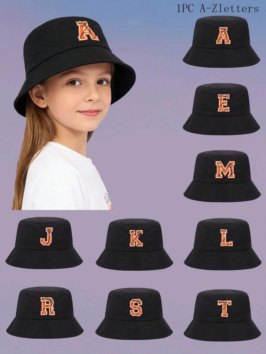 1顶儿童男女通用个性化26字母渔夫帽，时尚户外遮阳帽，适合春、夏、秋、冬日常佩戴，是生日、节日礼物和游戏活动的理想之选。 - 黑色 - 查看 1