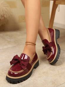 2026 New Women's Thick Sole Slip-On Loafers, Bow Decor Retro Round Toe Shoes, Commuting Versatile Solid Color Mary Jane Burgundy Leather Shoes, Collegiate Chic Elegant Casual Slip-On Shoes - Burgundy - View 5