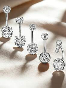 4pcs Stainless Steel Rhinestone Navel Rings, Simple Belly Button Piercing Body Jewelry For Women - Silver - View 9