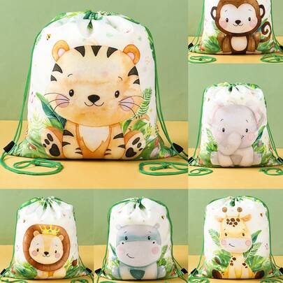 6pcs Assorted Jungle Animal Style Drawstring Bags Backpacks Open Pocket Bags Small Spring Hiking Backpacks Birthday Party Gift Packaging Bags Ite