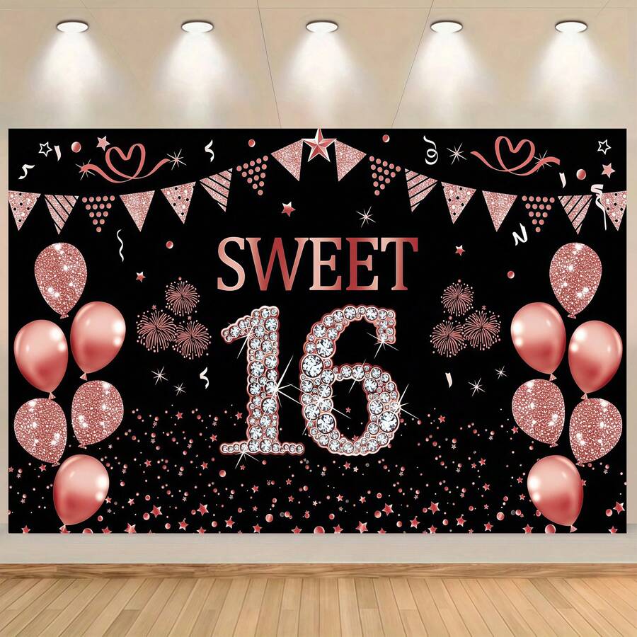 Phông nền trang trí tiệc sinh nhật lần thứ 16, phông nền chụp ảnh màu vàng hồng sang trọng với số 16 lấp lánh, bóng bay màu hồng và giấy kim tuyến, hoàn hảo cho trang trí tiệc sinh nhật lần thứ 16, trang trí bàn bánh, phông nền chụp ảnh, lý tưởng cho trang trí tiệc tại nhà, gói quà, nhiều kích cỡ, sử dụng đa năng. - Nhiều màu - Xem 1