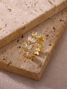 1 Pc Fashion Cubic Zirconia Green Leaf Ring For Women Gold Color Stainless Steel Open Rings Wedding Party Jewelry Gift - Multicolor - View 9