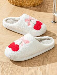 女士冬季保暖拖鞋，带可爱蝴蝶结和樱桃刺绣，平跟室内休闲拖鞋 - 白色 - 查看 3
