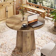 LITTLE TREE 80cm Round Farmhouse Dining Table For 2-4 - Small Kitchen & Living Room Space-Saving Square Base, Rustic Brown - Maroon - View 7