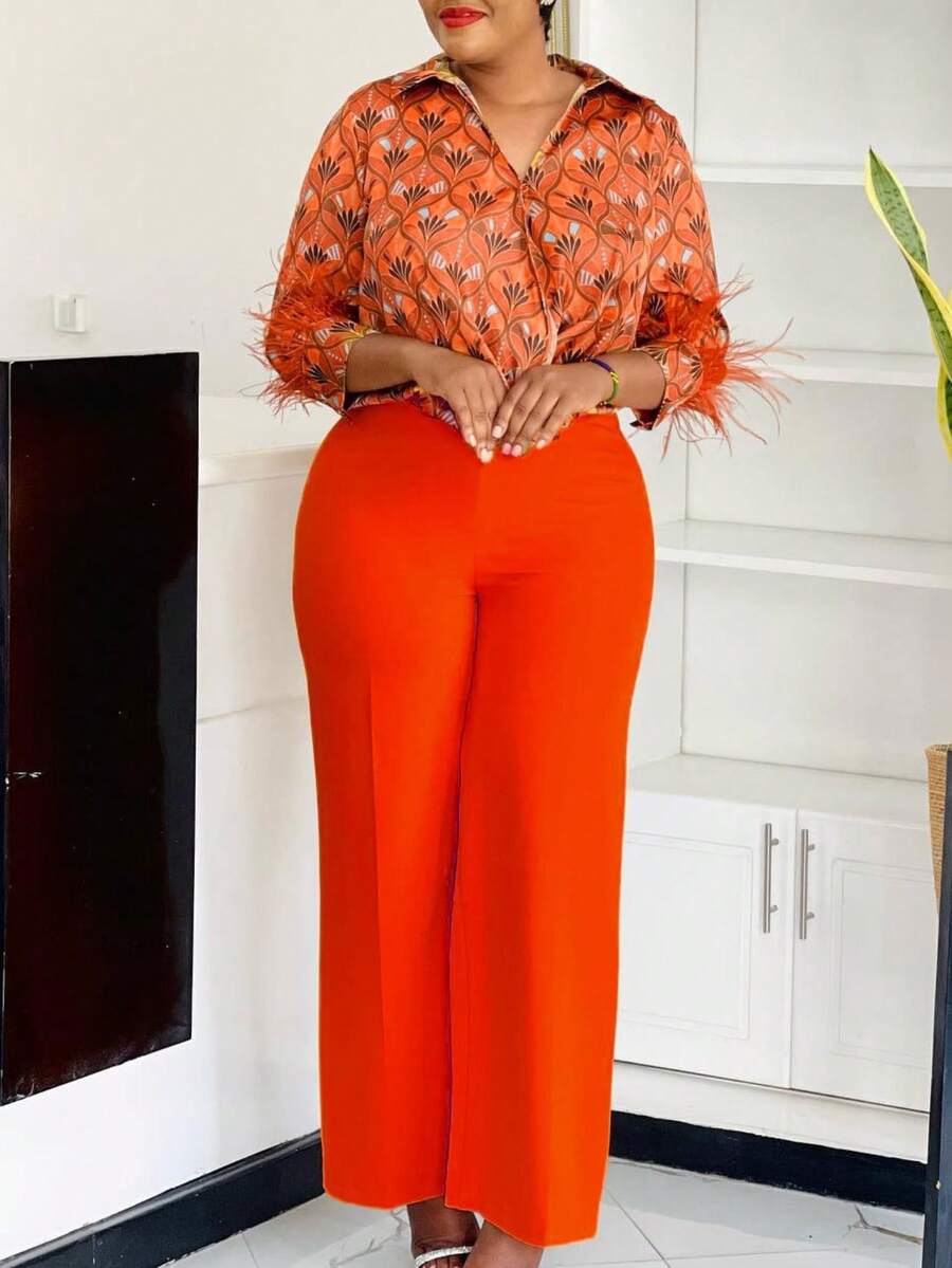 Conjunto de Dos Piezas para Mujer Estilo Occidental, Camisa con Estampado y Pantalones de Pierna Ancha - Rojo anaranjado - Ver 1