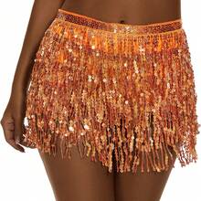 肚皮舞流苏腰链波西米亚风臀巾新款亮片腰带，闪亮迷你裙，肚皮舞嘻哈裙，流苏臀巾，适合假日肚皮舞臀巾，亮片流苏裹裙，适合女士闪亮服装、舞蹈服装、沙滩音乐节嘉年华派对闪亮连衣裙！ - 彩色 - 查看 16