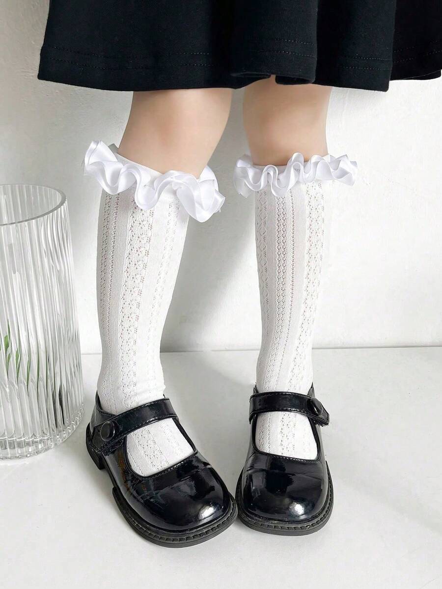 1 đôi tất lưới cao đến đầu gối cho bé gái, có viền ren và khoét lỗ, thích hợp làm tất đồng phục học sinh cho bé sơ sinh và trẻ nhỏ. - Nhiều màu - Xem 1