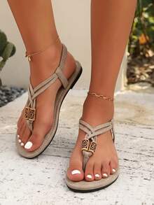 Women's Fashion Versatile Round Toe Strap Beaded Flip Flops, Comfortable Solid Color Beach Holiday Style Flat Sandals, Spring/Summer - Grey - View 2