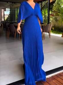 Dresses For Women,Women's Fashionable And Elegant Solid Color Pleated V-Neck Batwing Sleeve High Waist Full Skirt Long Dress - 深藍色 - 查看 2