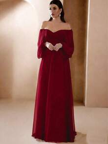 女士纯色露肩网纱优雅女士派对婚礼新娘礼服 春季 - 酒紅色 - 查看 2