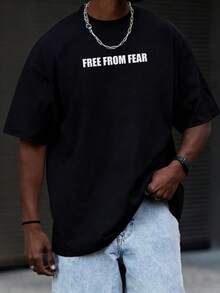 Camiseta de manga corta de cuello redondo con estampado inglés holgada para hombre | Diseño exquisito | Esencial de verano | Fácil de combinar - Negro - Ver 2