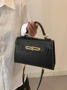 Fashionable Minimalist High-Quality Handheld Box-Shaped Flap Cover Small Square Bag With Metal Buckle, Snap Closure, Chain Strap, Suitable For Daily Outing And Commuting, Women Small Purse - Black - View 4