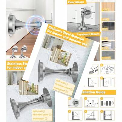 Door Stoppers Magnetic Door Catch - 2 Pack Stainless Steel Heavy Duty Door Holder Stops For Bottom Top Of Door - Wall Floor Mounting No Drill 3M Adhesive And Screws Strong Magnet Keep Door Open Silver