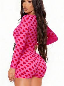 Women's Deep V Neck Shorts Long Sleeve One Piece Bodysuit Pajama  Bodycon Rompers Overall Valentine's Day Loungewear Jumpsuit - 玫紅色 - 查看 4