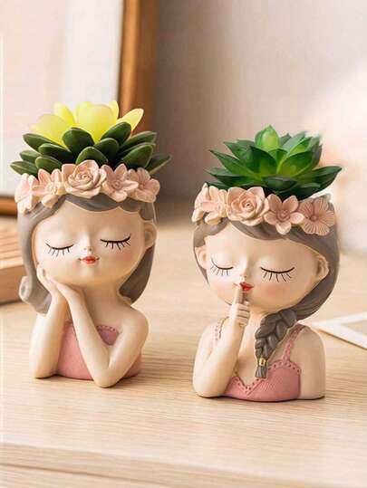 1pc Female Portrait Planter, Cute Face Succulent Pot, 4 Styles Closed Eye Girl Shaped Planter, Nordic Style Succulent Pot, Cactus Vase, Desktop Calligraphy Brush Decor, Home Decoration Flower Vase, Glass Vase