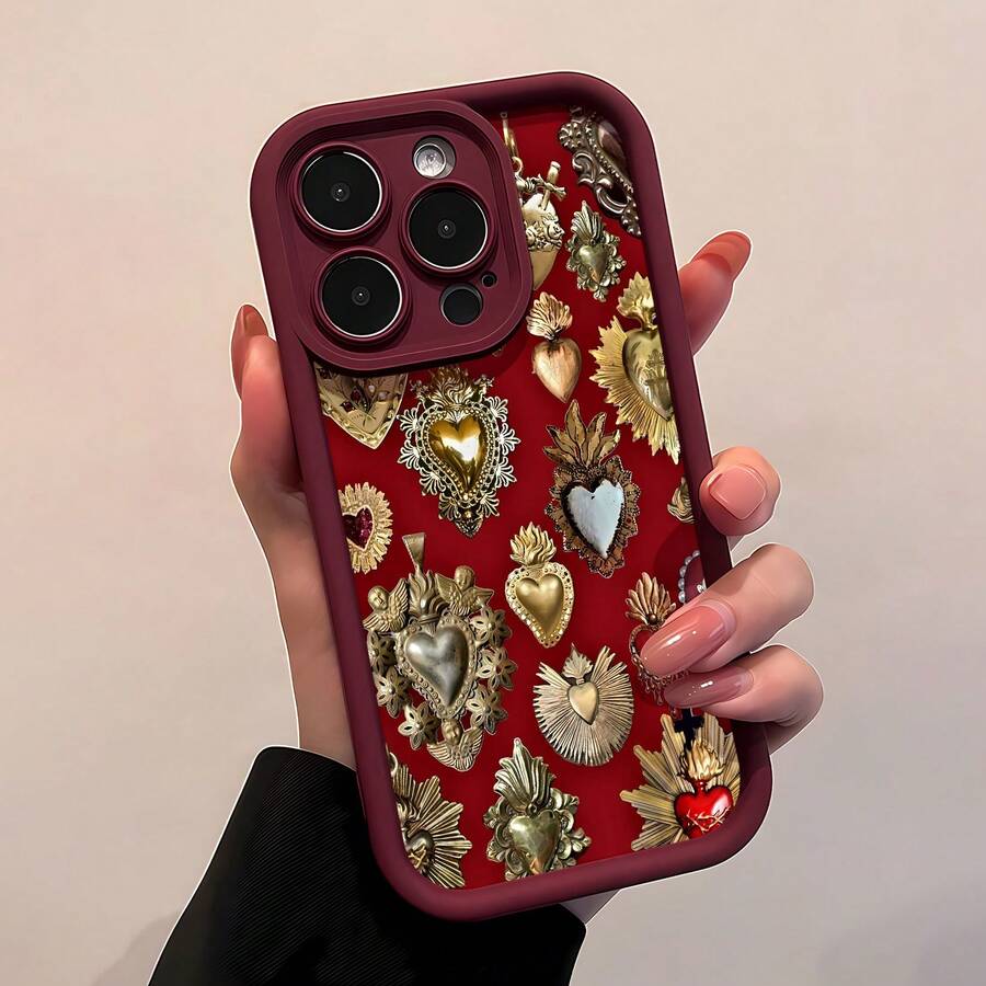ハートチャーム柄の携帯ケース。 17、 16 Pro Max、 15 Pro Max、 13、 12に対応。TPU素材で作られており、滑りや落下から完全に保護し、衝撃や落下から保護します。家族、友人、愛する人、ボーイフレンド/ガールフレンド、バレンタインデーへの素晴らしい贈り物です。 - バーガンディ - チェックする 1