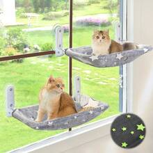 Cat Window Perch, Glow In The Dark Cordless Foldable Pet Hammock Bed For Window With Sturdy Metal Frame, Glowing Stars Pattern Resting Seat For Indoor Cats - 星星 - L - 查看 1