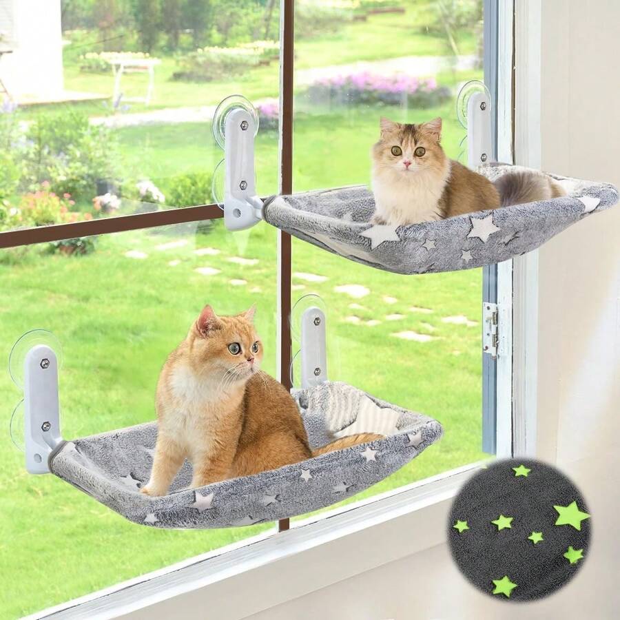 Cat Window Perch, Glow In The Dark Cordless Foldable Pet Hammock Bed For Window With Sturdy Metal Frame, Glowing Stars Pattern Resting Seat For Indoor Cats - 星星 - L - 查看 1