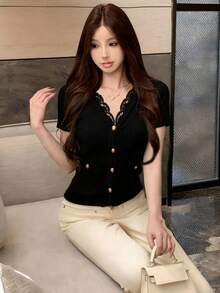 Lace V-Neck Metal Button Short Sleeve Cardigan, Fashionable And Elegant Knit Top - Black - View 3