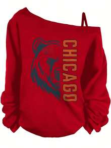 Summer Outfits For Women, Chicago Bear Graphic, Casual One Shoulder Long Sleeve Sweatshirt, Sporty Streetwear Style-Vacation Outfits Women, Theme Graphic Tees, Festival Wear, Fun Party - 紅色 - 查看 7