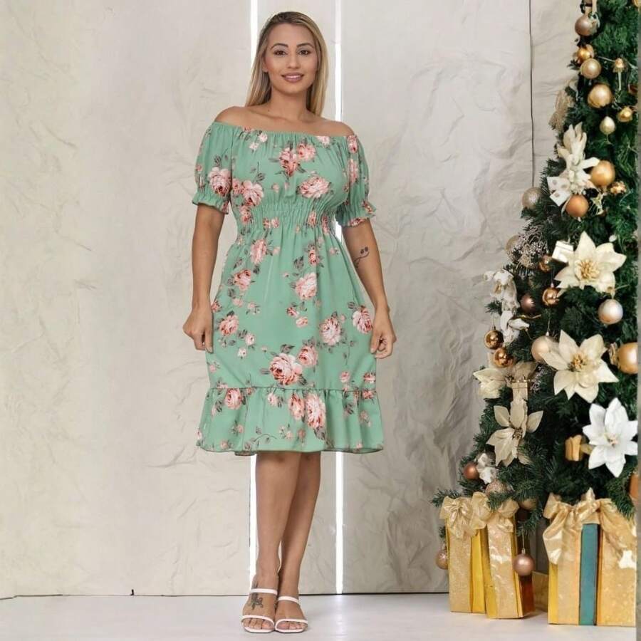 Short Dress Made From Duna Fabric With Short Sleeves. - Mint Green - View 1